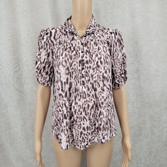 Maeve Anthropologie Pleated Animal Leopard Print Blouse Top Short Ruched Sleeves - Picture 3 of 13